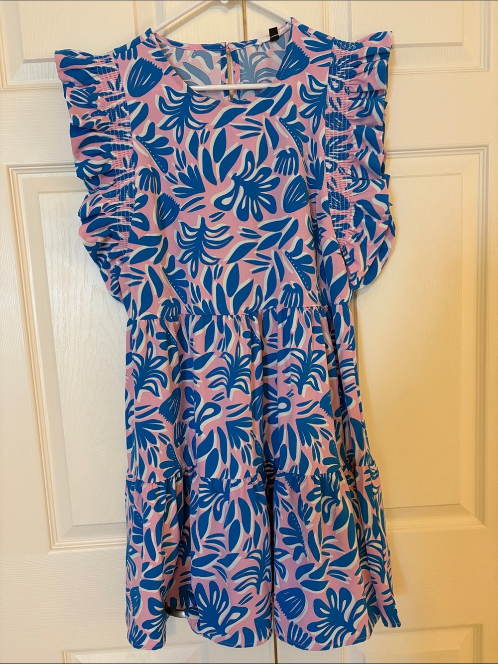 Pink and Blue Floral Ruffle Sleeve Dress